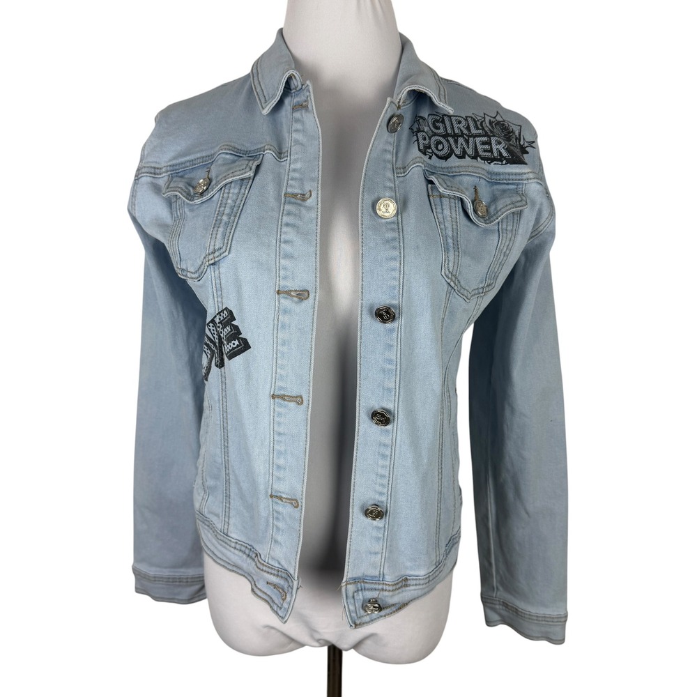 Blue Topic Women's Small Girl Power Comic Graphic Denim Jacket Light Wash